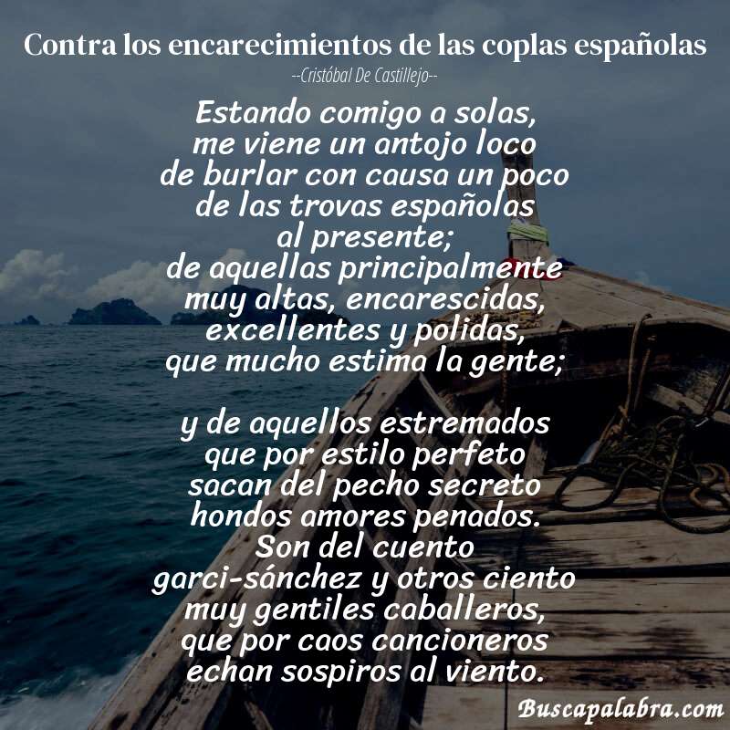 Poema contra los encarecimientos de las coplas españolas de Cristóbal de Castillejo con fondo de barca