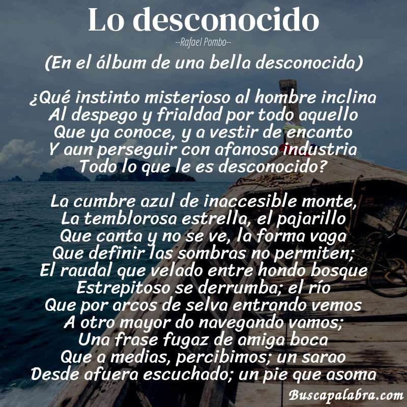 Poema Lo desconocido de Rafael Pombo con fondo de barca