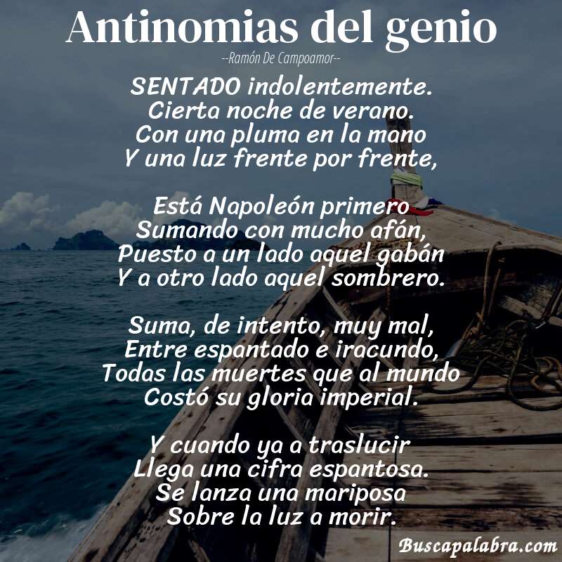 Poema Antinomias del genio de Ramón de Campoamor con fondo de barca