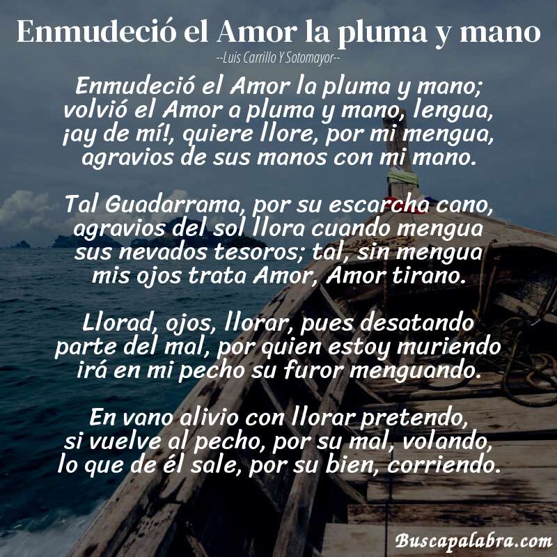 Poema Enmudeció el Amor la pluma y mano de Luis Carrillo y Sotomayor con fondo de barca