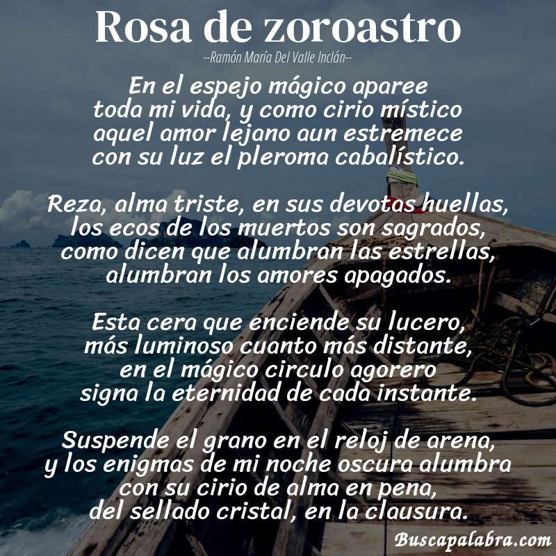 Poema rosa de zoroastro de Ramón María del Valle Inclán con fondo de barca