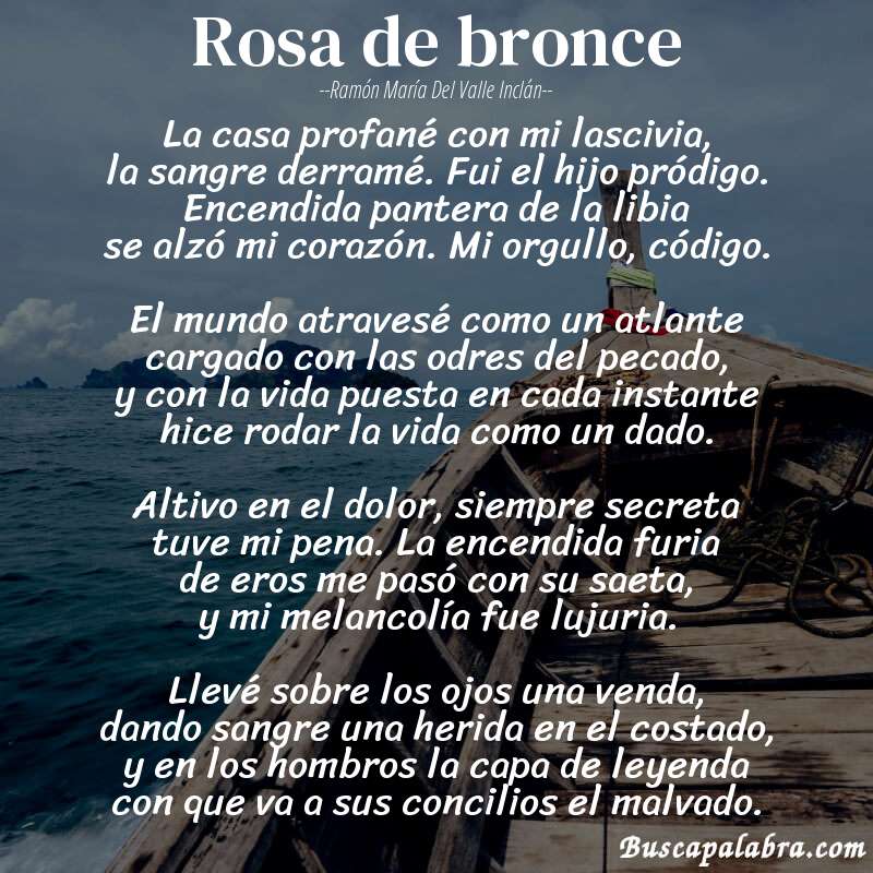Poema rosa de bronce de Ramón María del Valle Inclán con fondo de barca