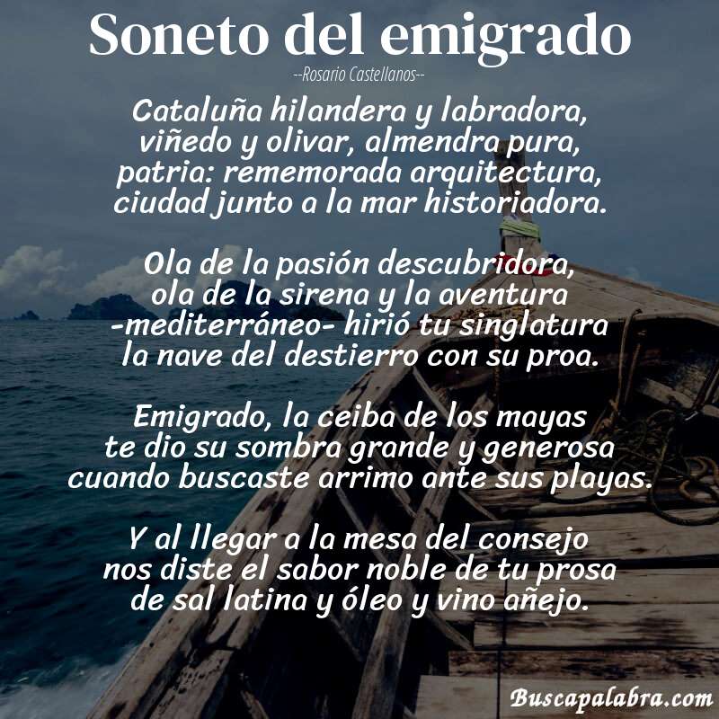 Poema soneto del emigrado de Rosario Castellanos con fondo de barca
