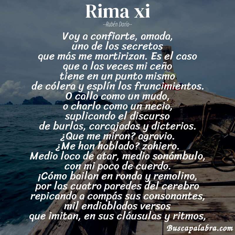 Poema rima xi de Rubén Darío con fondo de barca