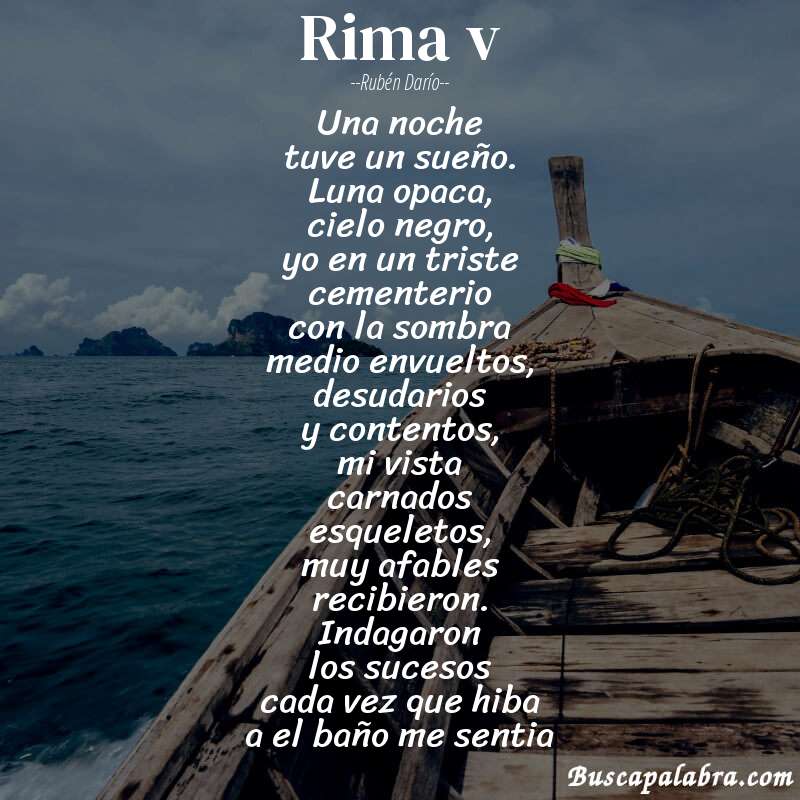 Poema rima v de Rubén Darío con fondo de barca