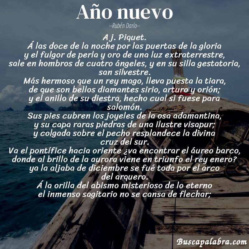 Poema año nuevo de Rubén Darío con fondo de barca