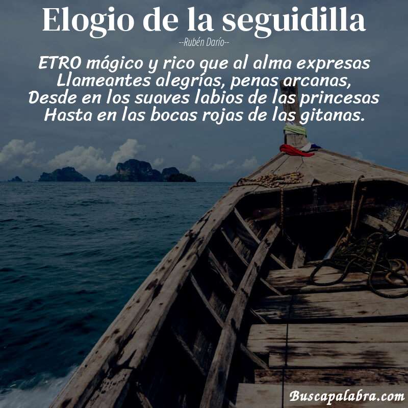 Poema Elogio de la seguidilla de Rubén Darío con fondo de barca