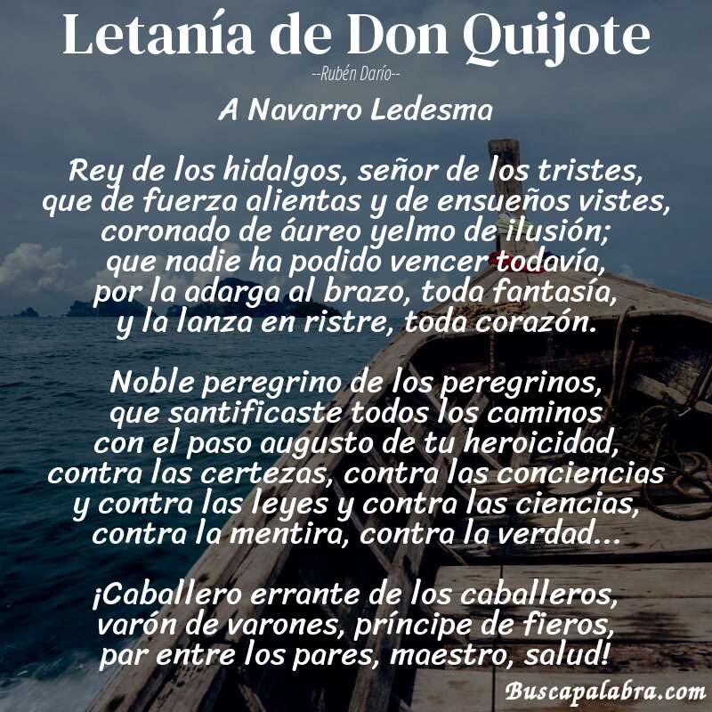 Poema Letanía de Don Quijote de Rubén Darío con fondo de barca