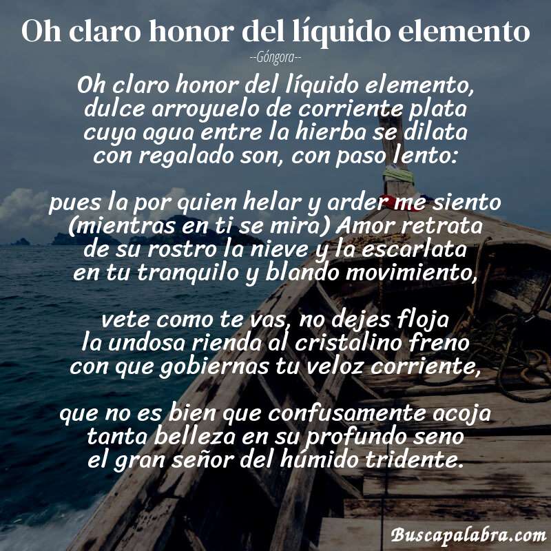 Poema Oh claro honor del líquido elemento de Góngora con fondo de barca