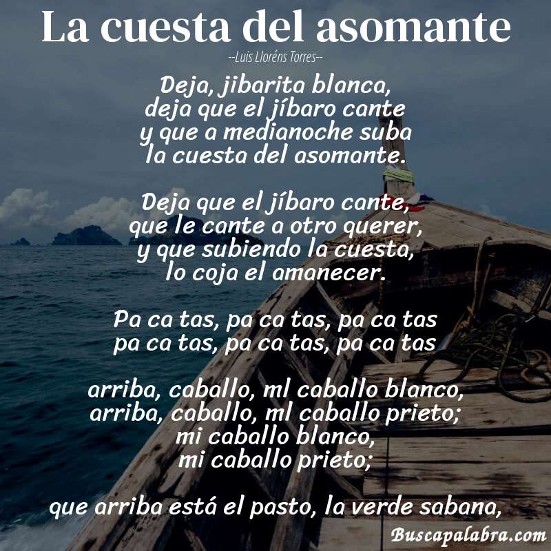 Poema la cuesta del asomante de Luis Lloréns Torres con fondo de barca