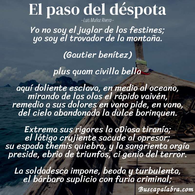 Poema el paso del déspota de Luis Muñoz Rivera con fondo de barca