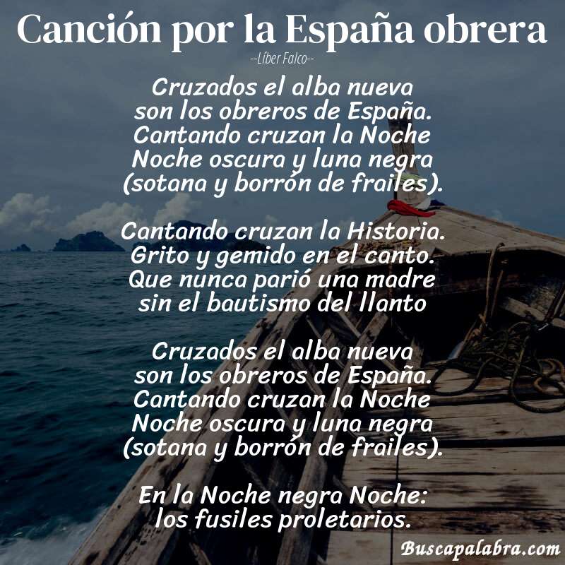 Poema Canción por la España obrera de Líber Falco con fondo de barca
