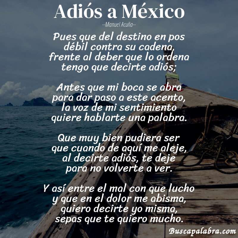 Poema Adiós a México de Manuel Acuña con fondo de barca