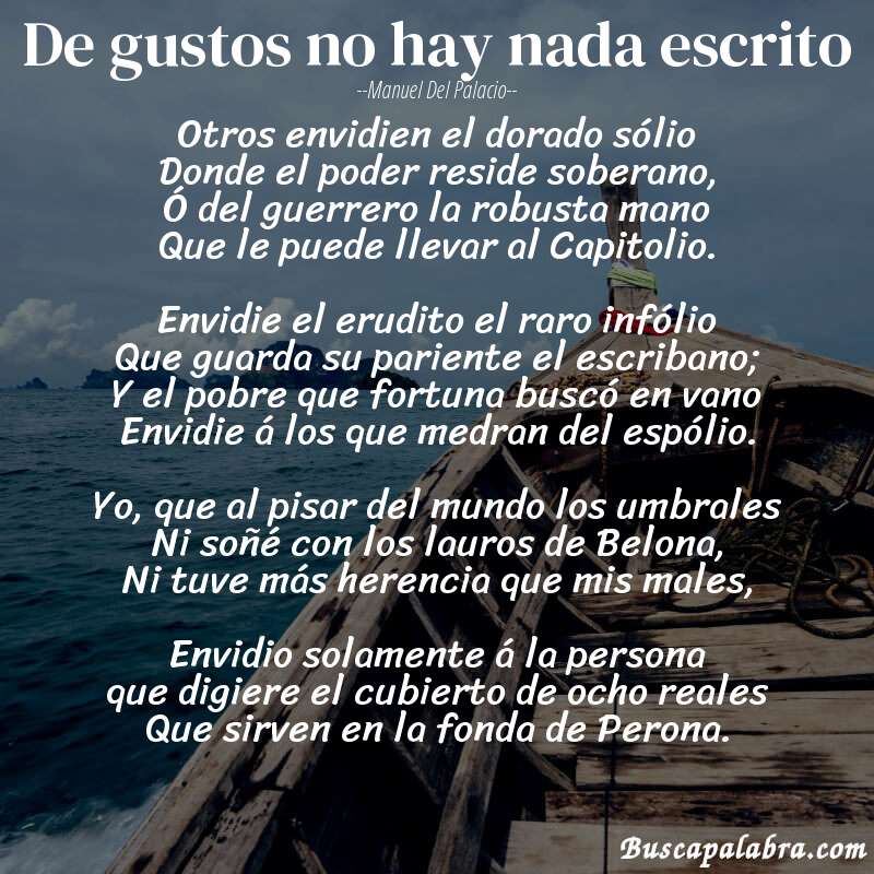 Poema De gustos no hay nada escrito de Manuel del Palacio con fondo de barca