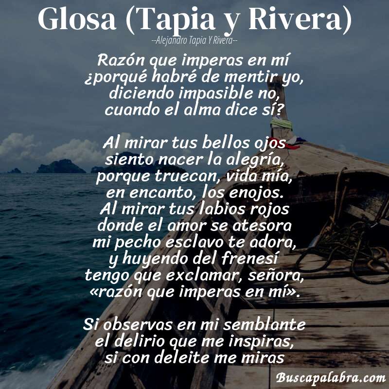 Poema Glosa (Tapia y Rivera) de Alejandro Tapia y Rivera con fondo de barca