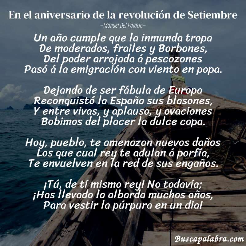 Poema En el aniversario de la revolución de Setiembre de Manuel del Palacio con fondo de barca