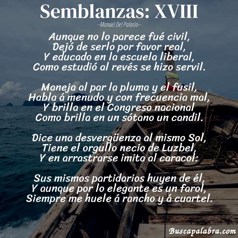 Poema Semblanzas: XVIII de Manuel del Palacio con fondo de barca