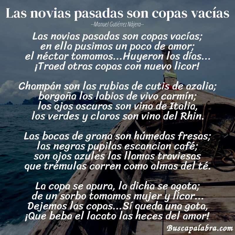 Poema Las novias pasadas son copas vacías de Manuel Gutiérrez Nájera con fondo de barca