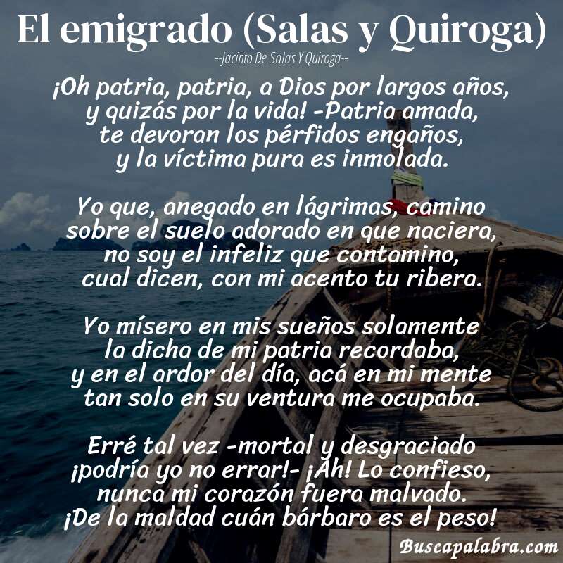 Poema El emigrado (Salas y Quiroga) de Jacinto de Salas y Quiroga con fondo de barca
