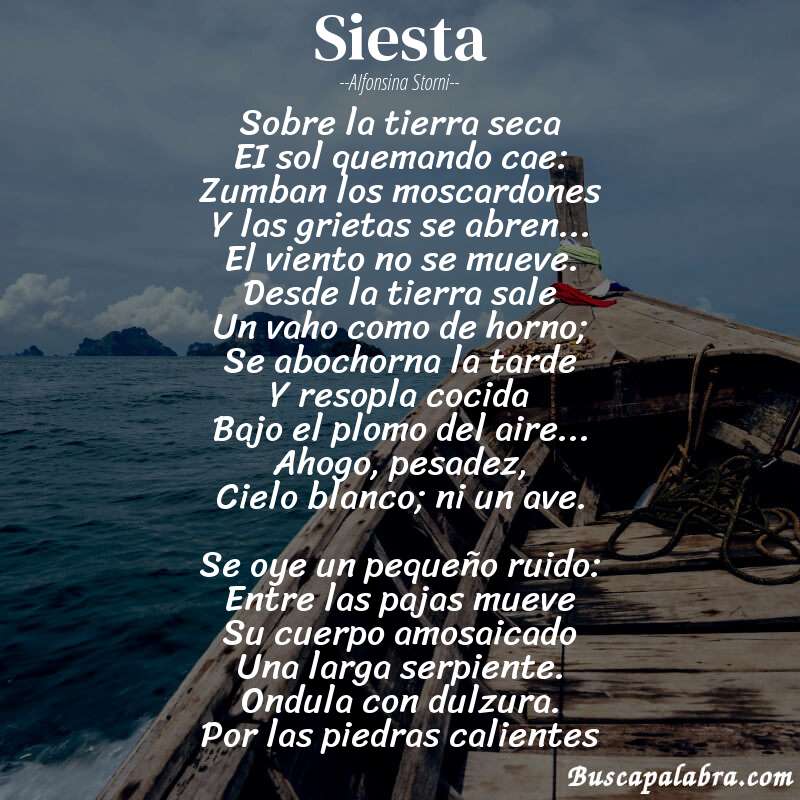 Poema Siesta de Alfonsina Storni con fondo de barca