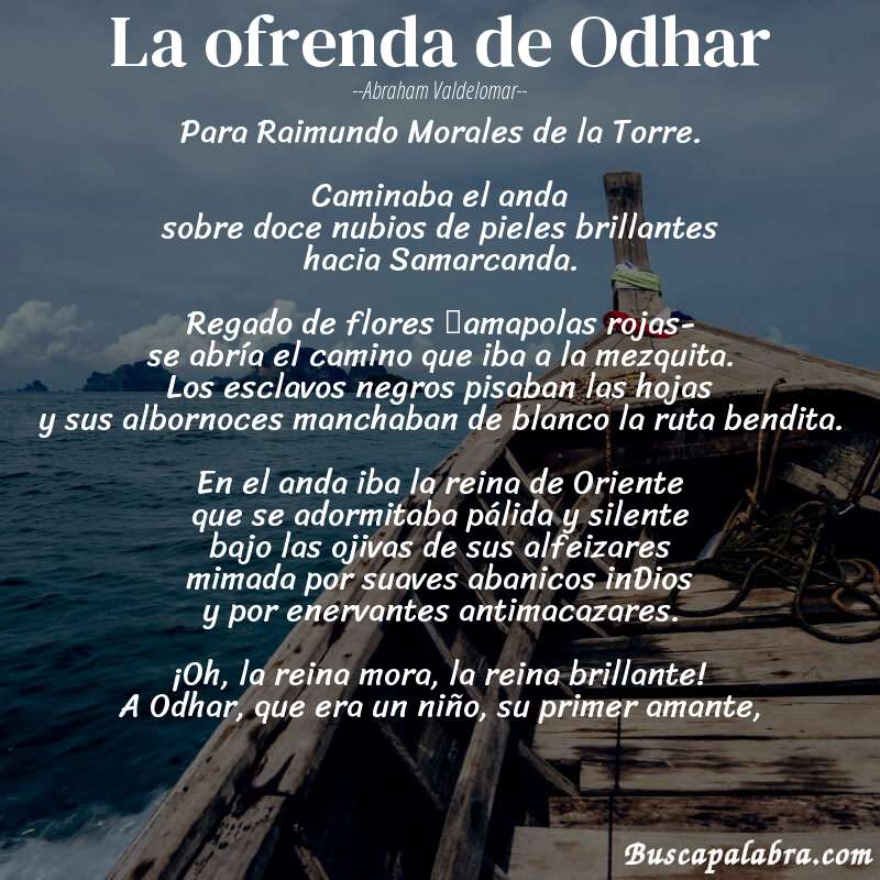 Poema La ofrenda de Odhar de Abraham Valdelomar con fondo de barca