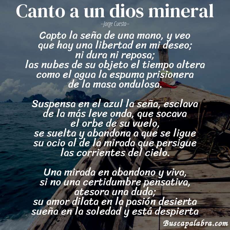 Poema canto a un dios mineral de Jorge Cuesta con fondo de barca