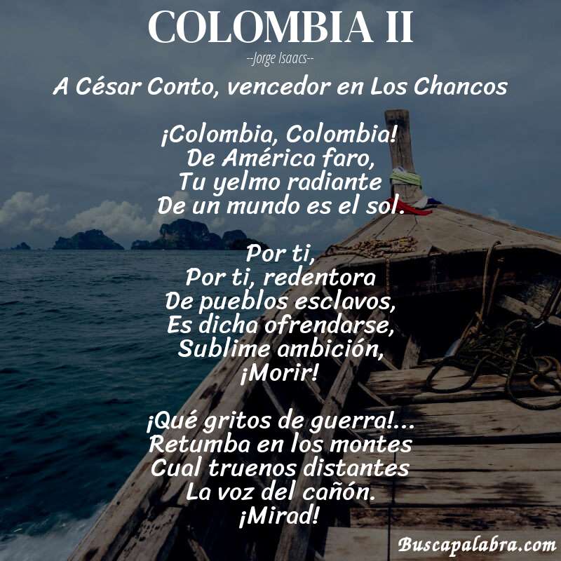 Poema COLOMBIA II de Jorge Isaacs con fondo de barca