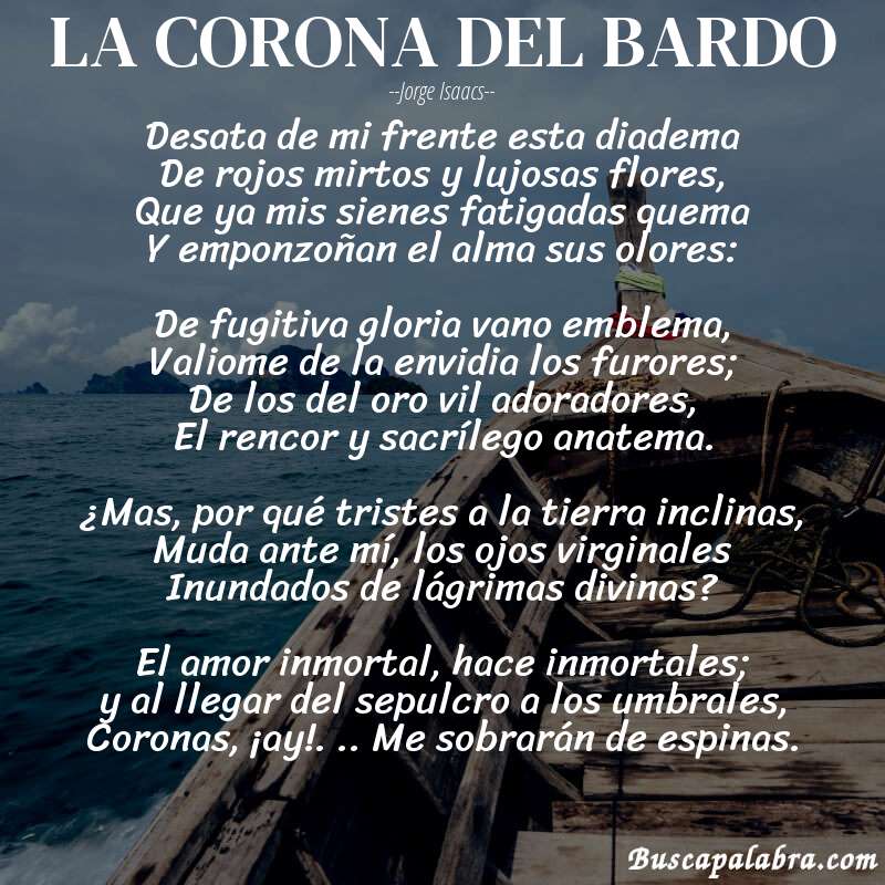 Poema LA CORONA DEL BARDO de Jorge Isaacs con fondo de barca