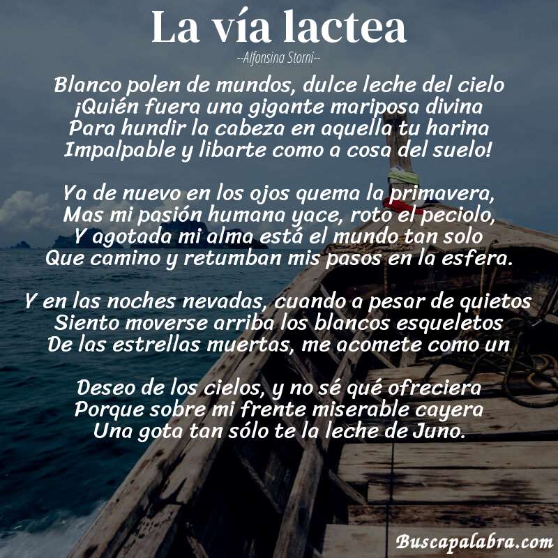 Poema La vía lactea de Alfonsina Storni con fondo de barca
