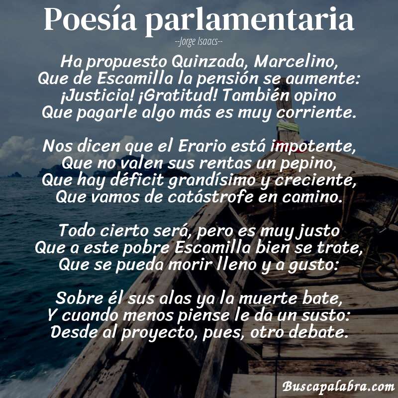 Poema Poesía parlamentaria de Jorge Isaacs con fondo de barca