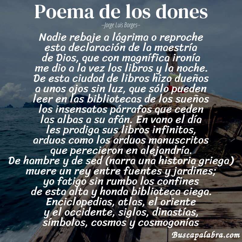 Poema poema de los dones de Jorge Luis Borges con fondo de barca