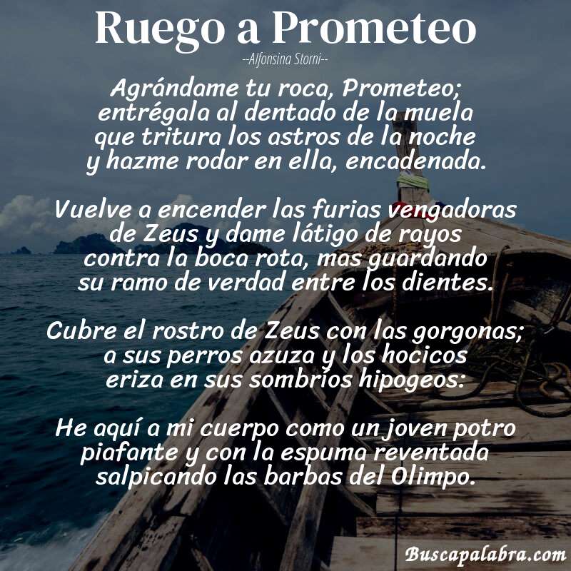 Poema Ruego a Prometeo de Alfonsina Storni con fondo de barca