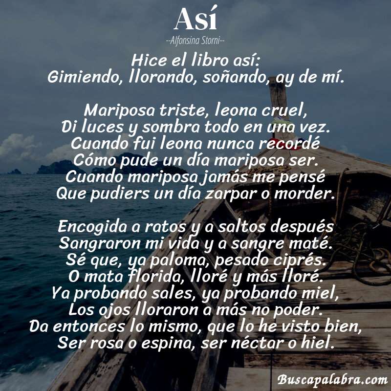 Poema Así de Alfonsina Storni con fondo de barca