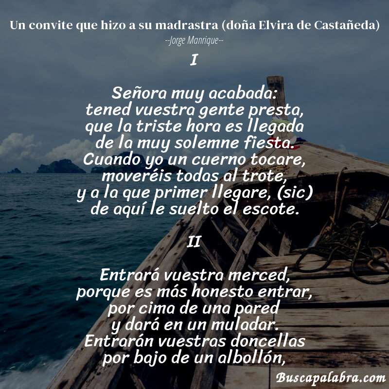 Poema Un convite que hizo a su madrastra (doña Elvira de Castañeda) de Jorge Manrique con fondo de barca