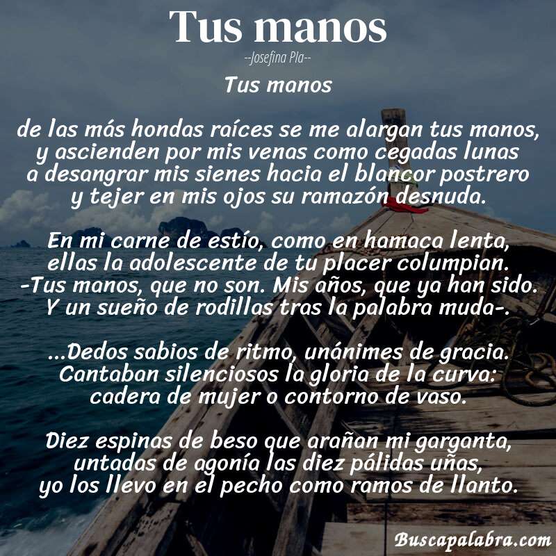Poema tus manos de Josefina Pla con fondo de barca