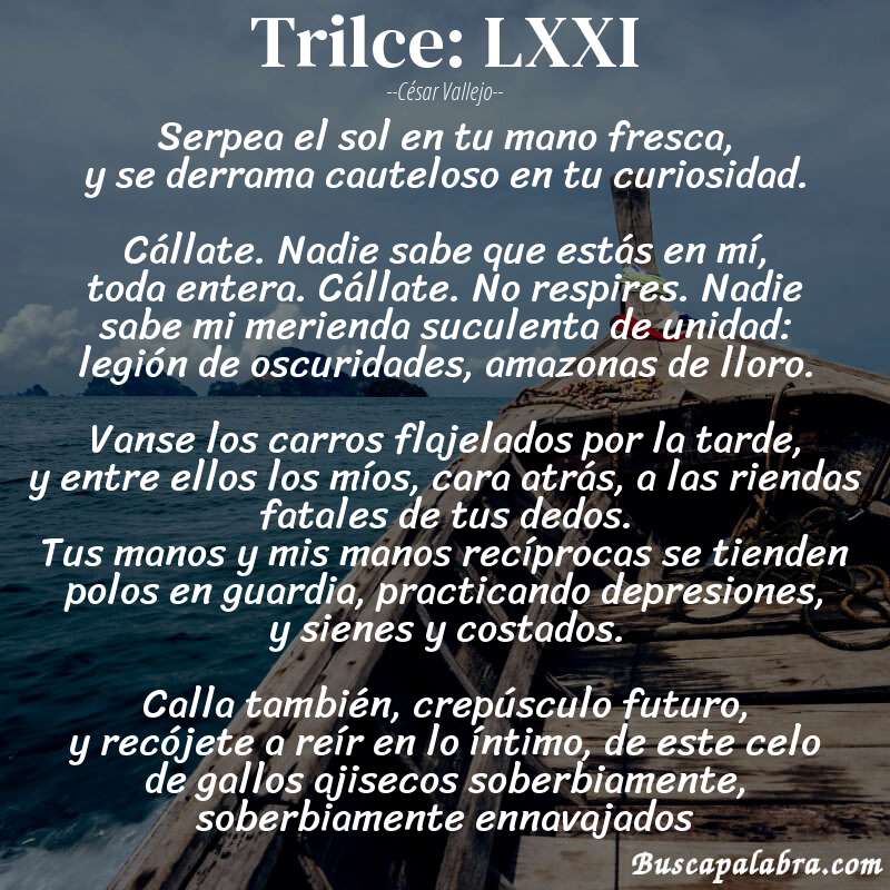 Poema Trilce: LXXI de César Vallejo con fondo de barca