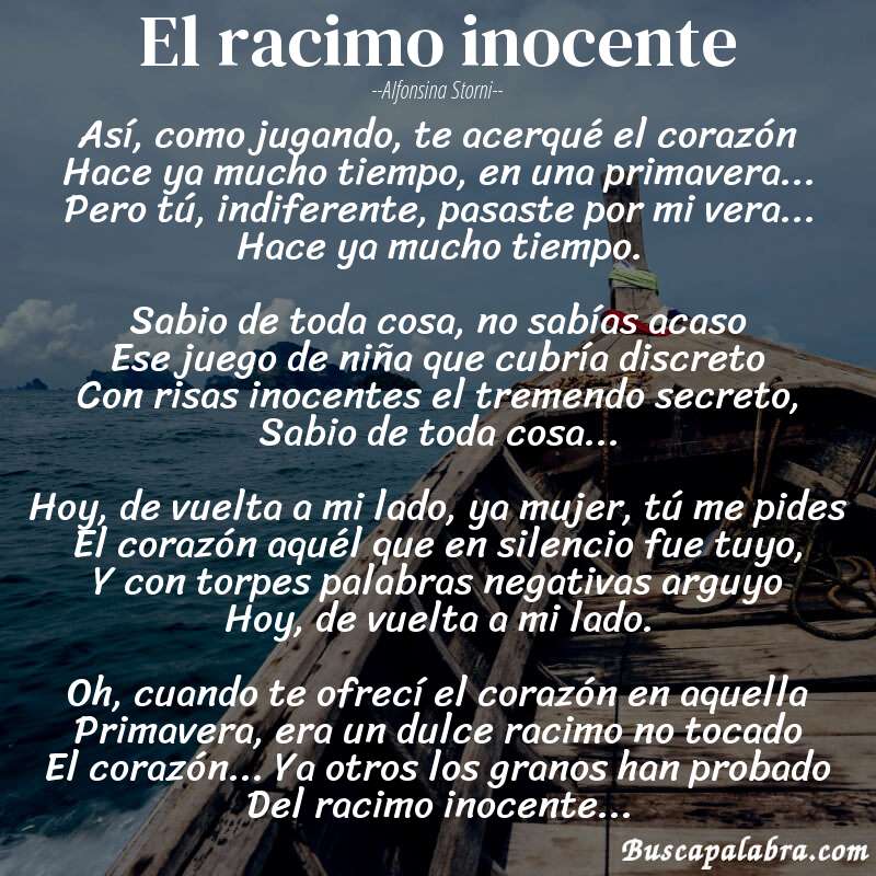 Poema El racimo inocente de Alfonsina Storni con fondo de barca