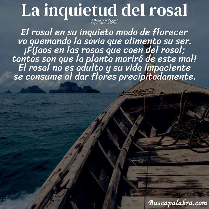 Poema La inquietud del rosal de Alfonsina Storni con fondo de barca