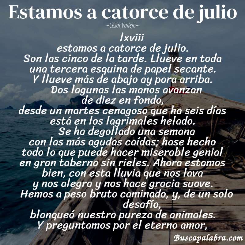Poema estamos a catorce de julio de César Vallejo con fondo de barca
