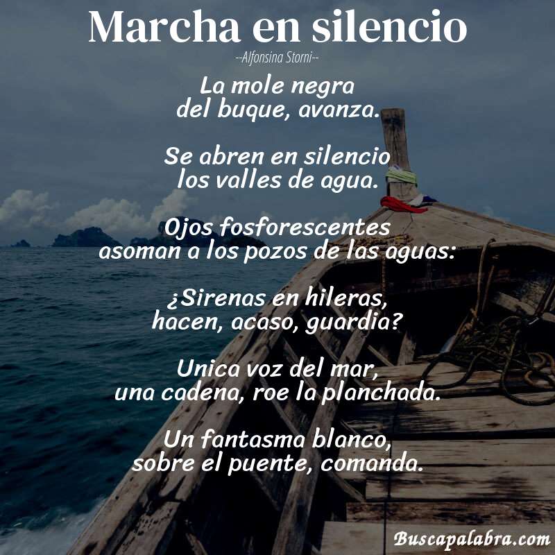 Poema Marcha en silencio de Alfonsina Storni con fondo de barca