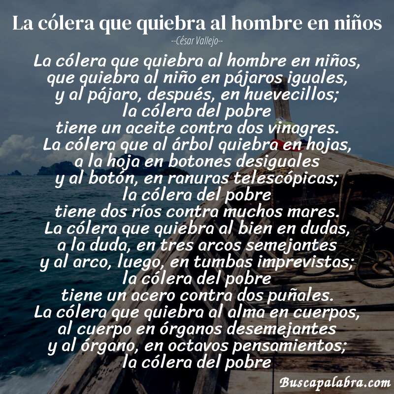 Poema la cólera que quiebra al hombre en niños de César Vallejo con fondo de barca