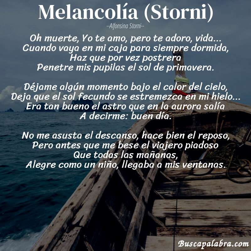 Poema Melancolía (Storni) de Alfonsina Storni con fondo de barca