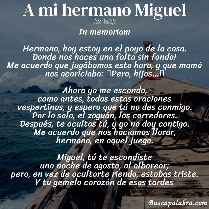 Poema A mi hermano Miguel de César Vallejo con fondo de barca