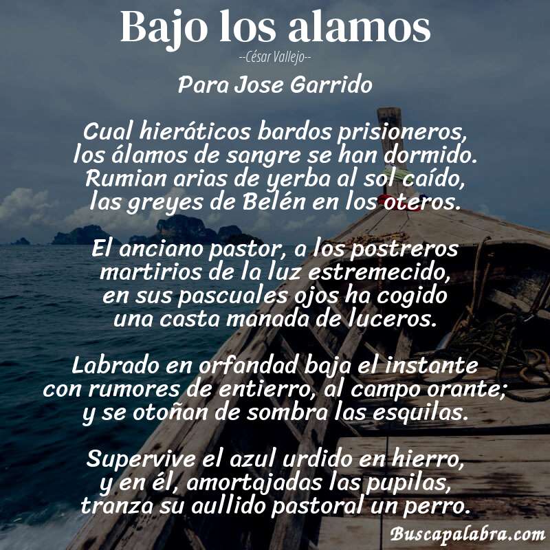 Poema Bajo los alamos de César Vallejo con fondo de barca