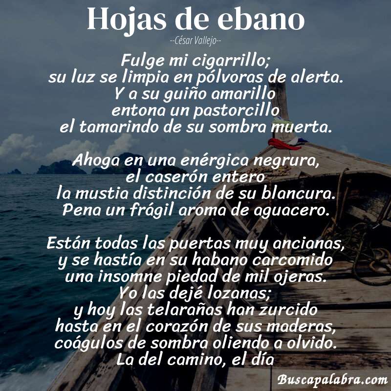 Poema Hojas de ebano de César Vallejo con fondo de barca