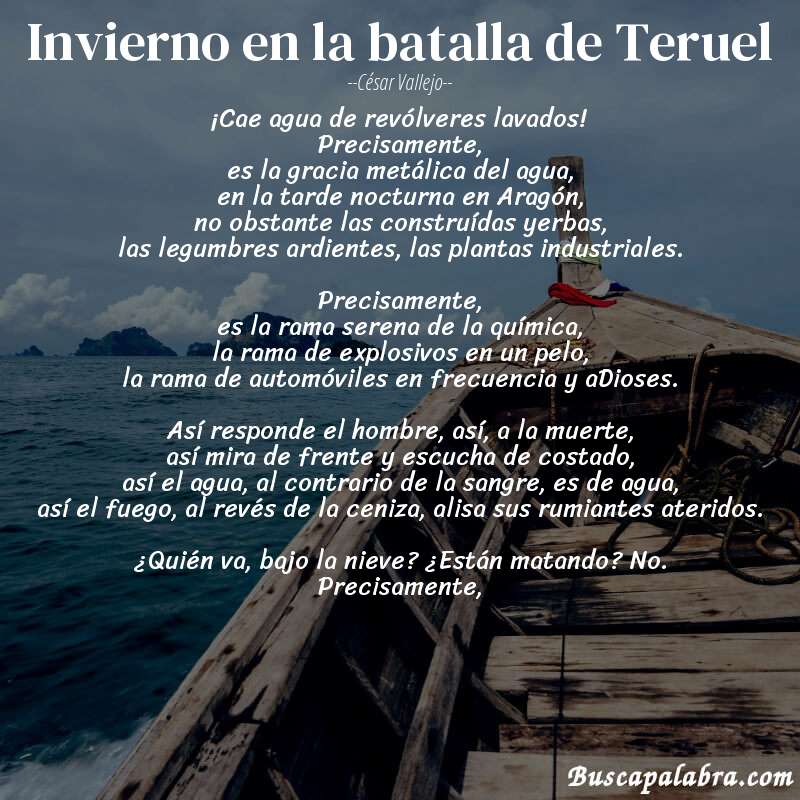 Poema Invierno en la batalla de Teruel de César Vallejo con fondo de barca