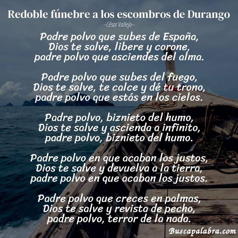 Poema Redoble fúnebre a los escombros de Durango de César Vallejo con fondo de barca