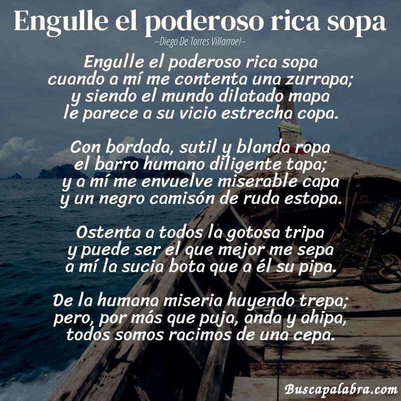 Poema Engulle el poderoso rica sopa de Diego de Torres Villarroel con fondo de barca