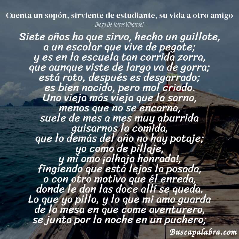 Poema cuenta un sopón, sirviente de estudiante, su vida a otro amigo de Diego de Torres Villarroel con fondo de barca