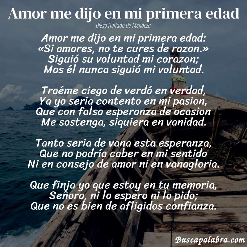 Poema Amor me dijo en mi primera edad de Diego Hurtado de Mendoza con fondo de barca